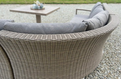 Back in stock July Pre Order Now - Vienna Large Curved Corner Sofa Set Wood Effect Aluminium Furniture Set With Easy Rise and Fall Table, Outdoor & Indoor