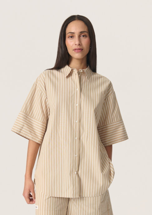 Soaked in Luxury Ladies Shirt SLKaily in Travertine Stripes, Kaily Short Sleeved