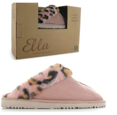 Ella Lily Ladies Faux Leopard Print Fur Lined Mule Slippers in Mink