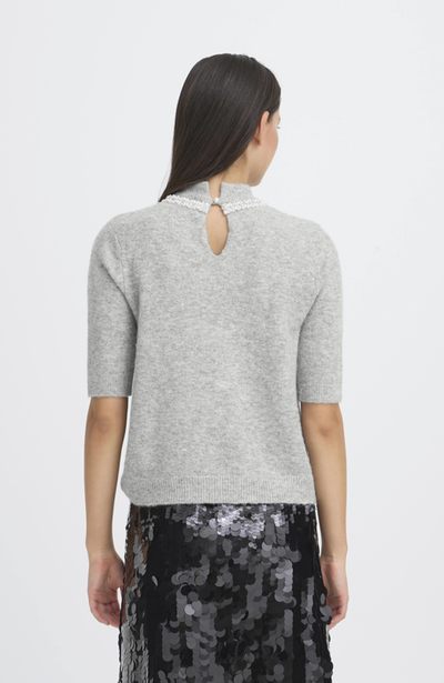 Ichi Ladies Pullover IHMacon  in Grey Melange, Macon Short Sleeved Jumper