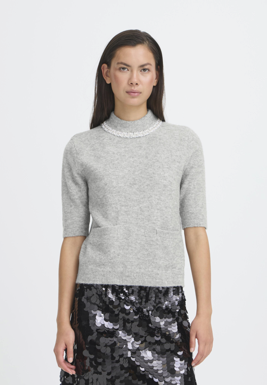 Ichi Ladies Pullover IHMacon  in Grey Melange, Macon Short Sleeved Jumper