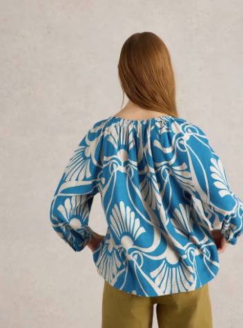 White Stuff Ladies Marley Linen Blend Top in BLUE PRINT