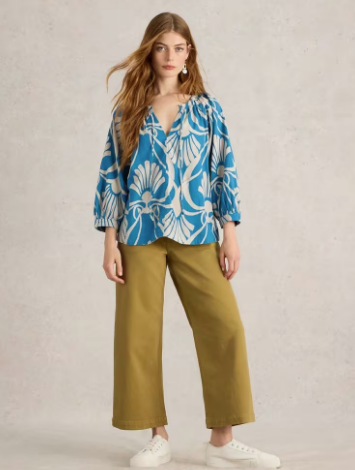 White Stuff Ladies Marley Linen Blend Top in BLUE PRINT