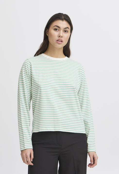 Ichi Ladies IHMira Loose LS3 Tee in Cloud Dancer with Beryl Green, Mira T Shirt