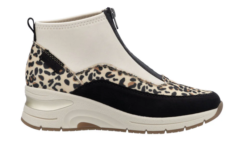 Rieker Ladies Ankle Wedge Heel Sneaker Boot N9362-90 Multi Leopard Zip front