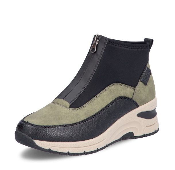 Rieker Ladies Ankle Boots N9362-54 in Green Combination, Front Zip