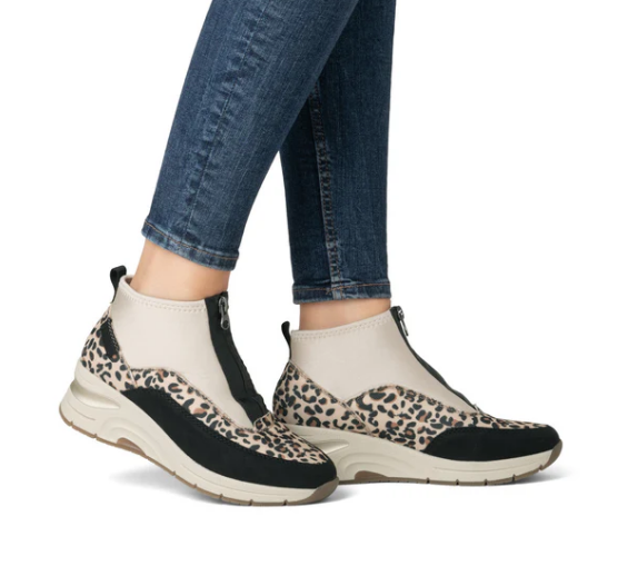 Rieker Ladies Ankle Wedge Heel Sneaker Boot N9362-90 Multi Leopard Zip front