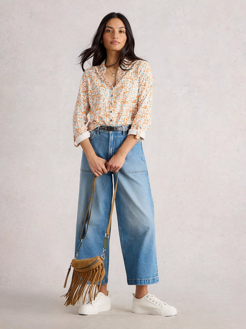 ANNIE JERSEY COLLARED MID LENGH SHIRT in IVORY PRINT