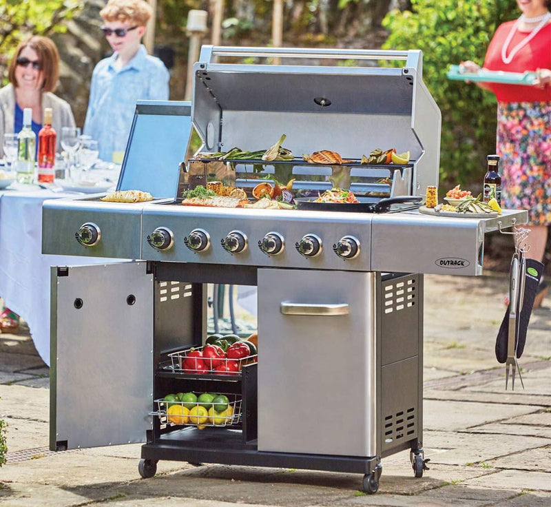 Outback Jupiter 6 Burner Hybrid Stainless Steel with Chopping Board Gas BBQ OUT370768