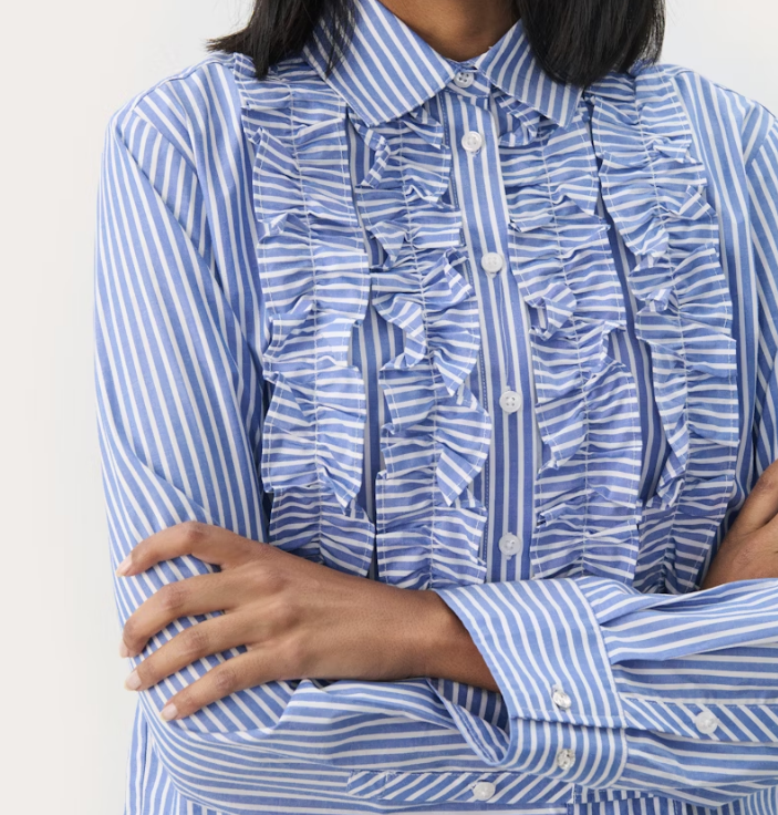 Part Two Ladies Ruffle Shirt PranveraPW in Amparo Blue Stripe