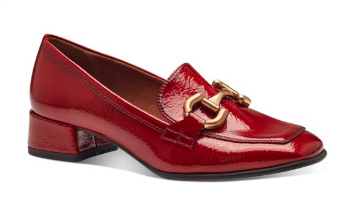 Tamaris Ladies Block Heel Loafer Shoe, 24316-43 Red Patent with Buckle