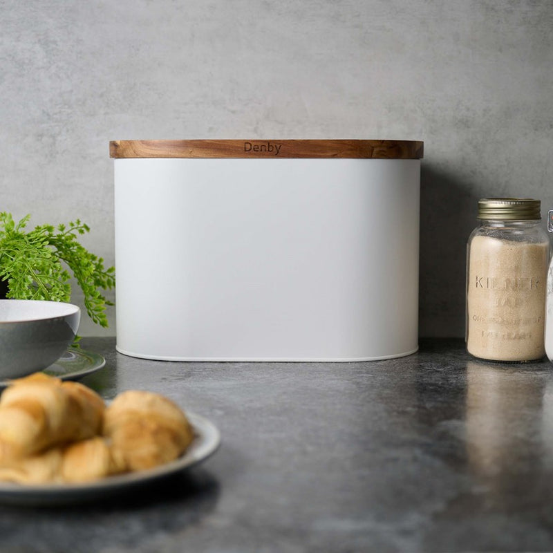 Denby White Bread Bin With Acacia Lid