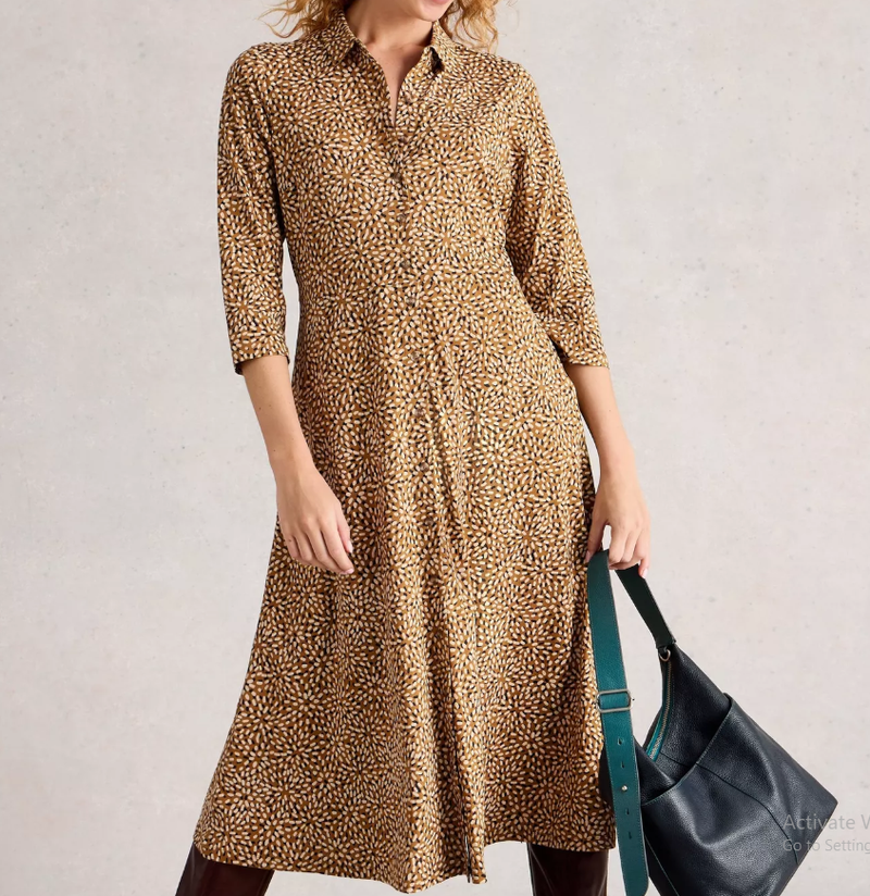 White Stuff Rua Jersey Collared Shirt Dress in Chartreuse Print