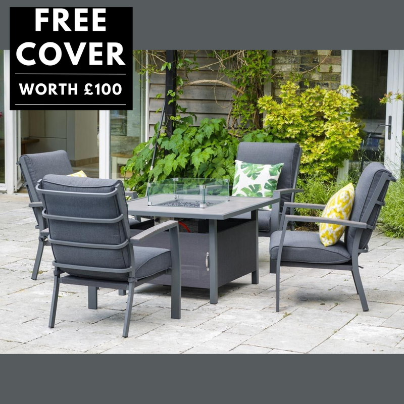 Verona 4 Seater Square Firepit Set With Relaxer Chairs Aluminium Framed