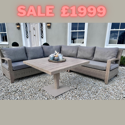 Back in stock July Pre Order Now - Vienna Large Curved Corner Sofa Set Wood Effect Aluminium Furniture Set With Easy Rise and Fall Table, Outdoor & Indoor