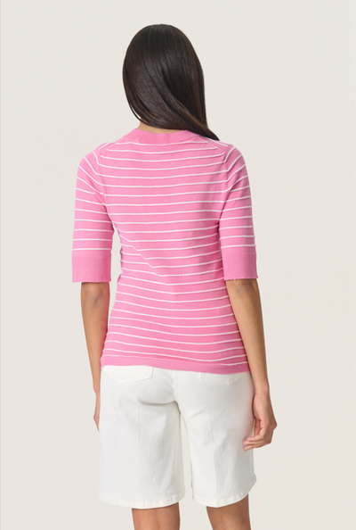 Soaked In Luxury Ladies  SlSpina Striped Pullover ss In Rose Bloom With White Stripe
