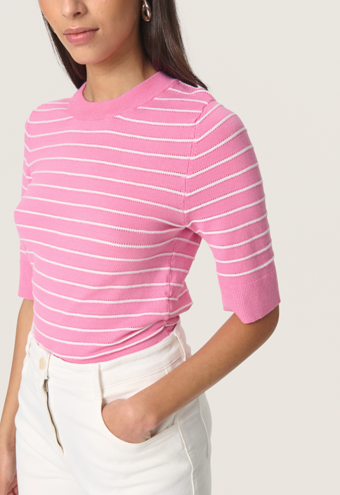 Soaked In Luxury Ladies  SlSpina Striped Pullover ss In Rose Bloom With White Stripe