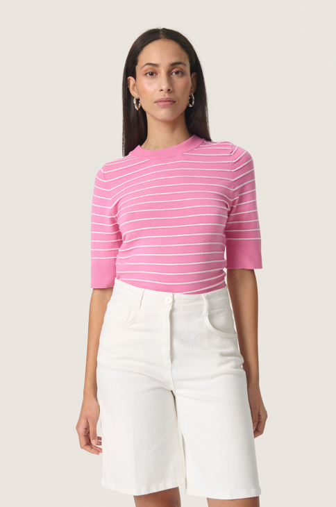 Soaked In Luxury Ladies  SlSpina Striped Pullover ss In Rose Bloom With White Stripe