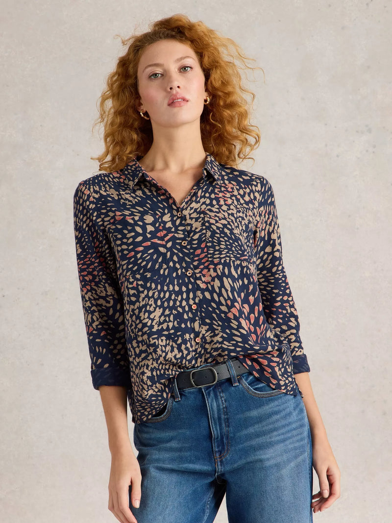 White Stuff Sophie Organic Cotton Long Sleeve Shirt in NAVY PRINT