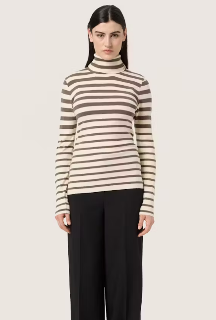 Soaked In Luxury SLSpina Striped Roll Neck  In Morel and White Stripe, Spina