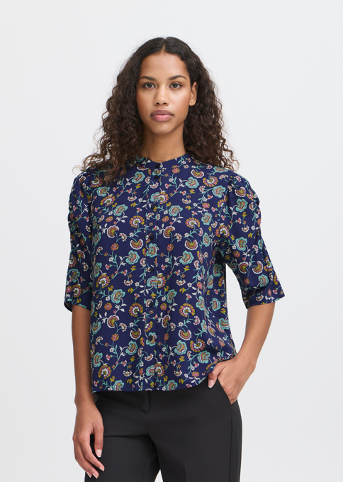 Ichi Ladies IHVera SH19 Short Sleeved Shirt in Medieval Blue Flower, Vera