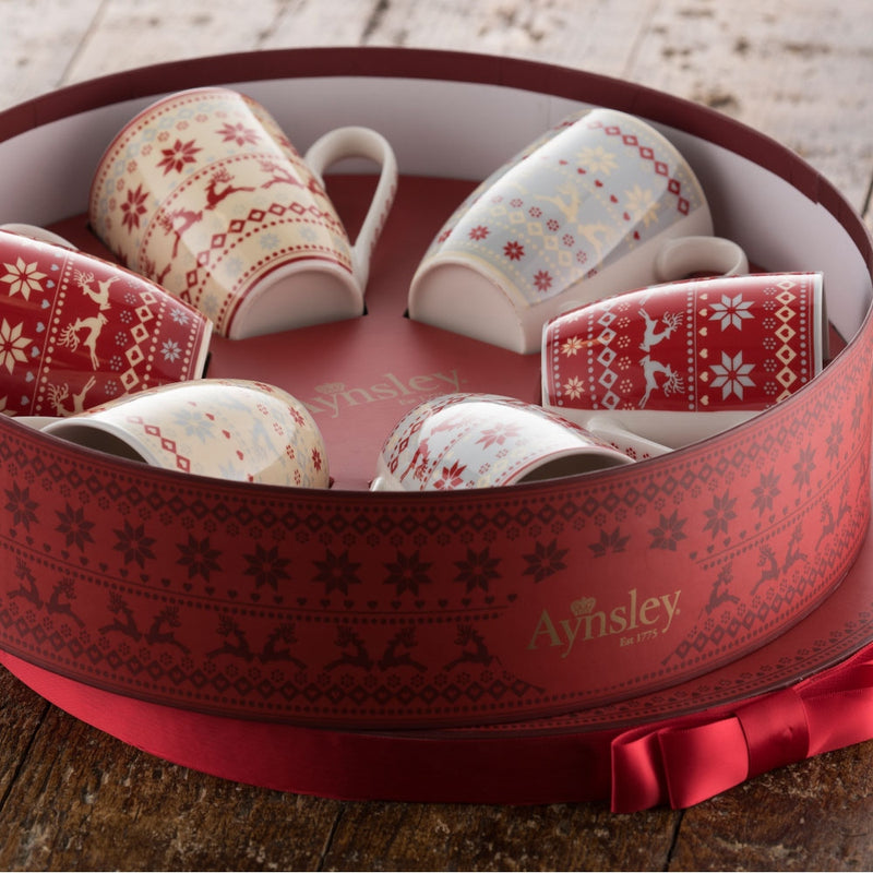 Belleek Aynsley Christmas Fairisle 6 Mugs in Hat Box