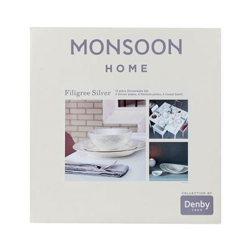 Denby Monsoon Filigree Silver 12 Piece Tableware Set