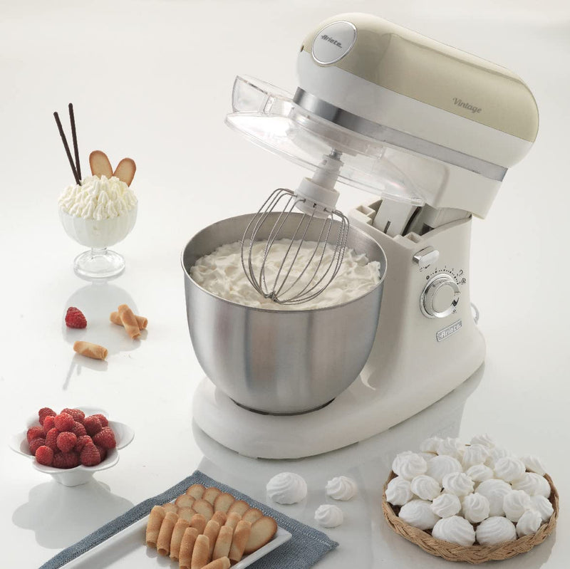 Ariete Vintage 8803 Stand Mixer, 1200W, 5.5 Litre Stainless Steel Bowl, Planetary Motion, 7 Speeds + Pulse, Anti Splash Cover, Cream