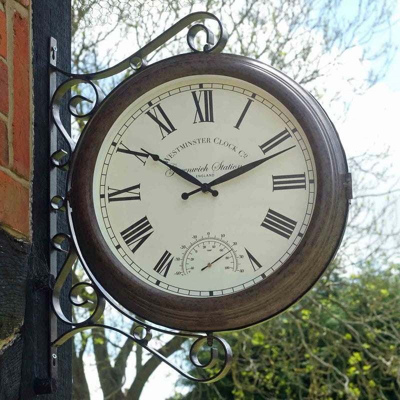 Outside In Greenwich Station Wall Clock & Thermometer 15in Smart Garden