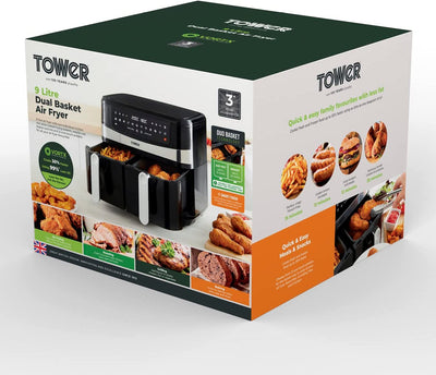 Tower T17088 Vortx 9L Duo Basket Air Fryer with Smart Finish, 2600W Power