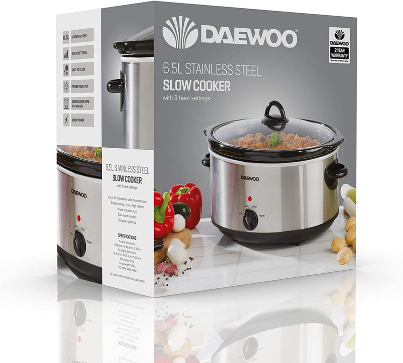 Daewoo 6.5L Slow Cooker Stainless Steel 300W 3 Heat Settings