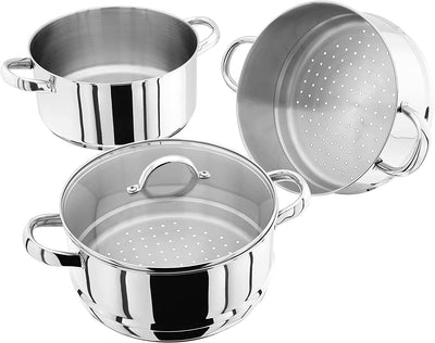 Judge Stainless Steel 3 Tier Steamer Set with 24cm 3.4L Casserole, 2 Steamers and Lid, Induction Ready