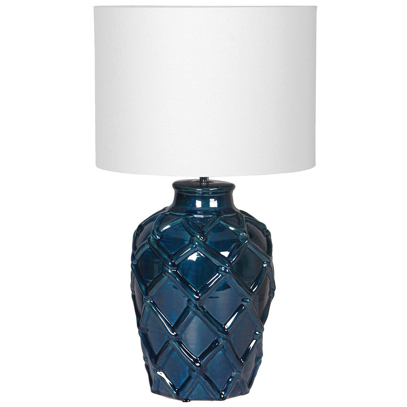 Deep Blue Rope Patterned Ceramic Table Lamp with Linen Shade