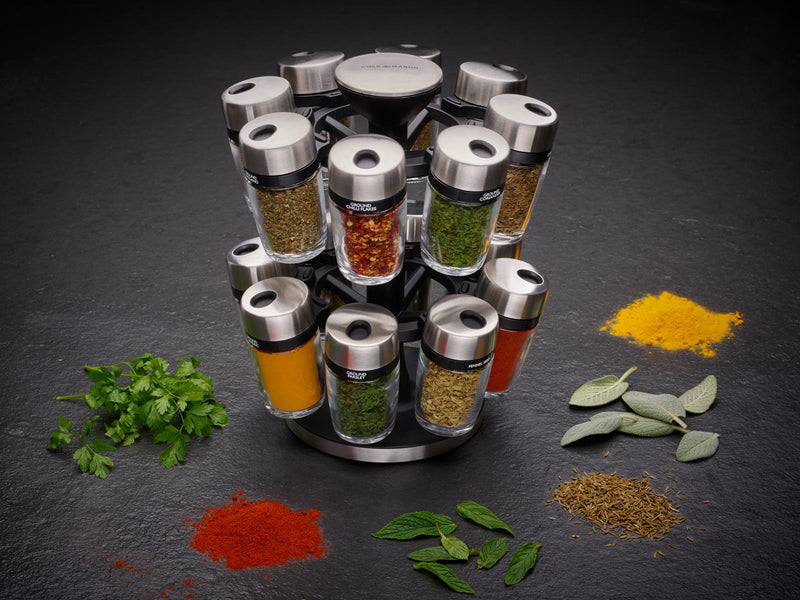 Cole and Mason H121808 Rotating Herb and Spice Carousel - Stainless Steel and Glass Spice Rack Solution with 16 Jars