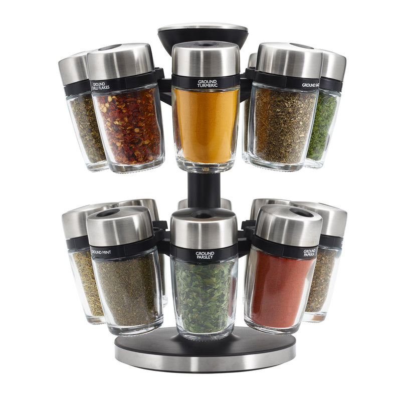 Cole and Mason H121808 Rotating Herb and Spice Carousel - Stainless Steel and Glass Spice Rack Solution with 16 Jars