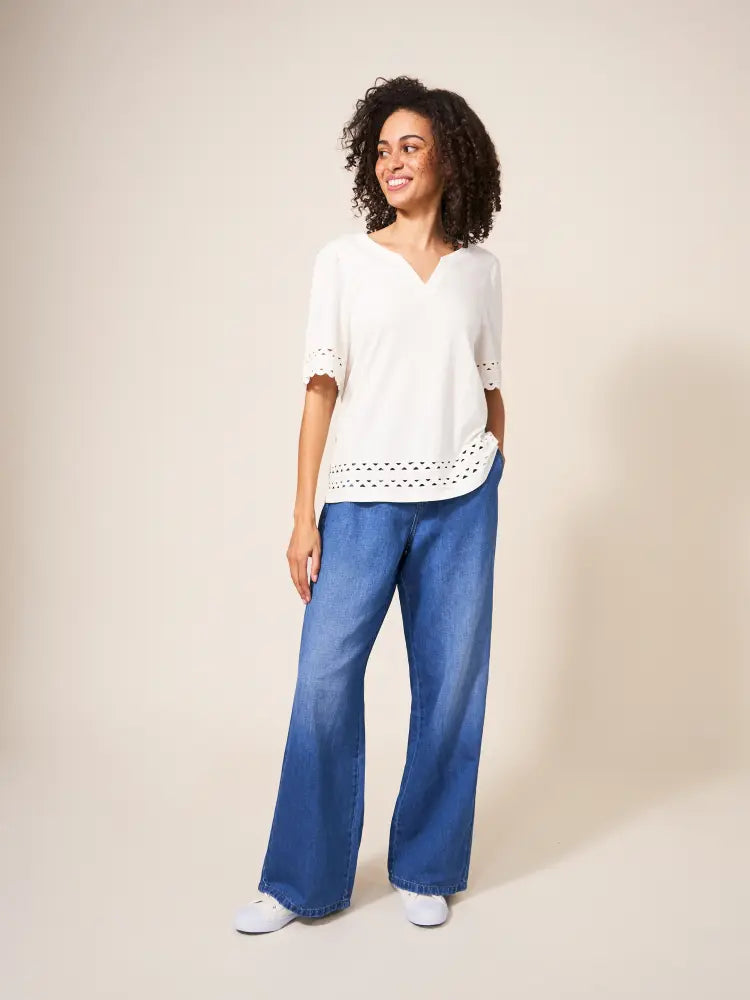 White Stuff Womens Ren Cotton Linen Wide Leg Jean - Mid Denim