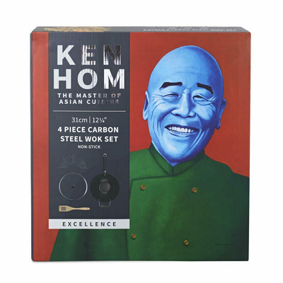 Ken Hom Excellence 31cm Carbon Steel Wok Non-Stick 4 Piece Set Stir Fry Pan
